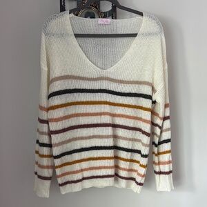 Striped V-Neck Sweater - Cream and Brown